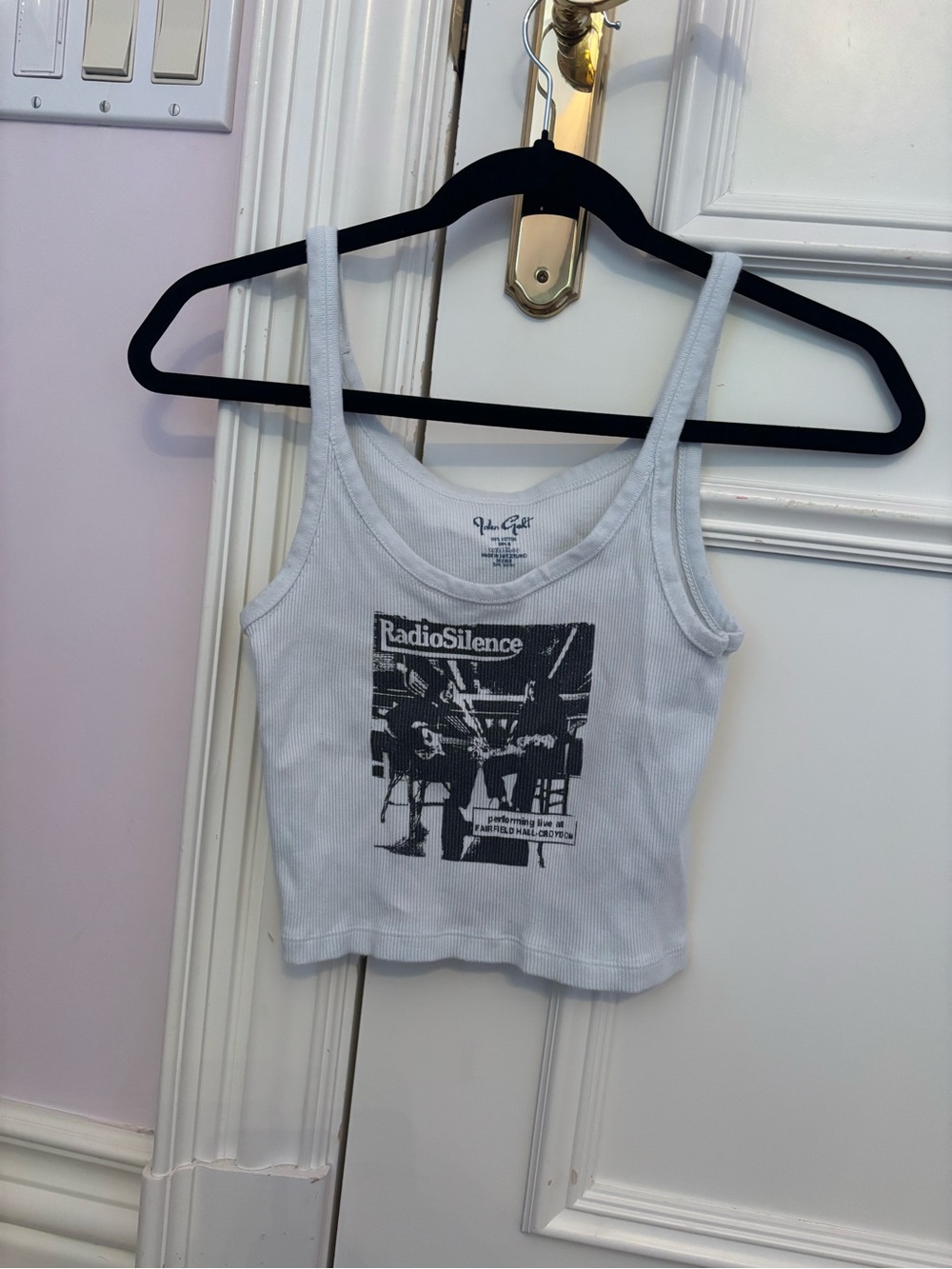 Brandy Melville White Ribbed 'RadioSilence' Graphic Tank